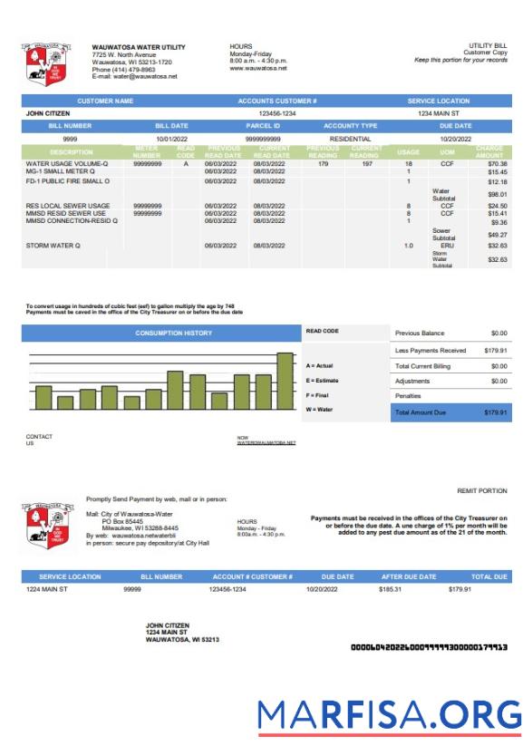 Downloadable USA Wawatosa Water Utility utility bill template in Word and PDF format